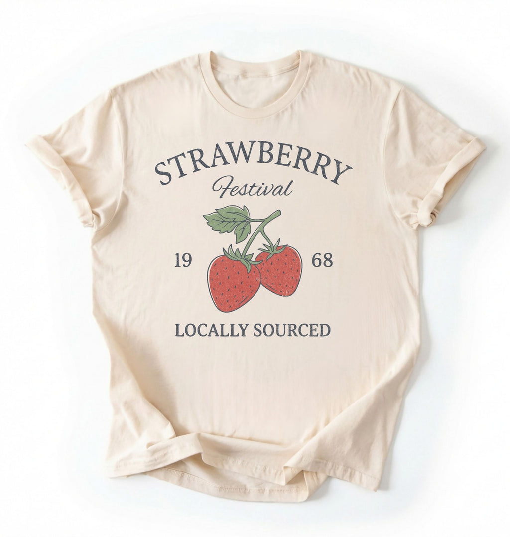 Flat lay of a Vintage strawberry festival graphic shirt with locally sourced design on ivory tee on a white background 