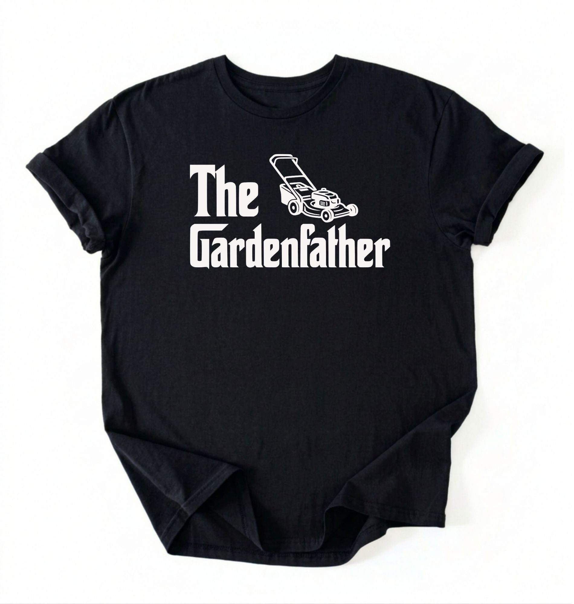 Flat lay of a the gardenfather shirt black funny gardening dad t shirt plant lover gift on a white background 