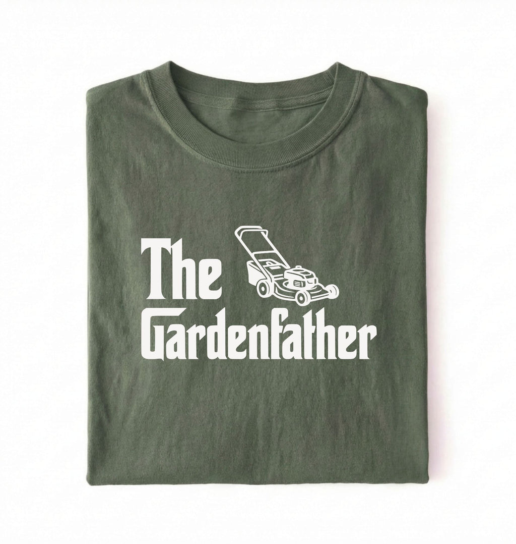 Flat lay of a the gardenfather shirt moss funny gardening dad t shirt plant lover gift on a white background 