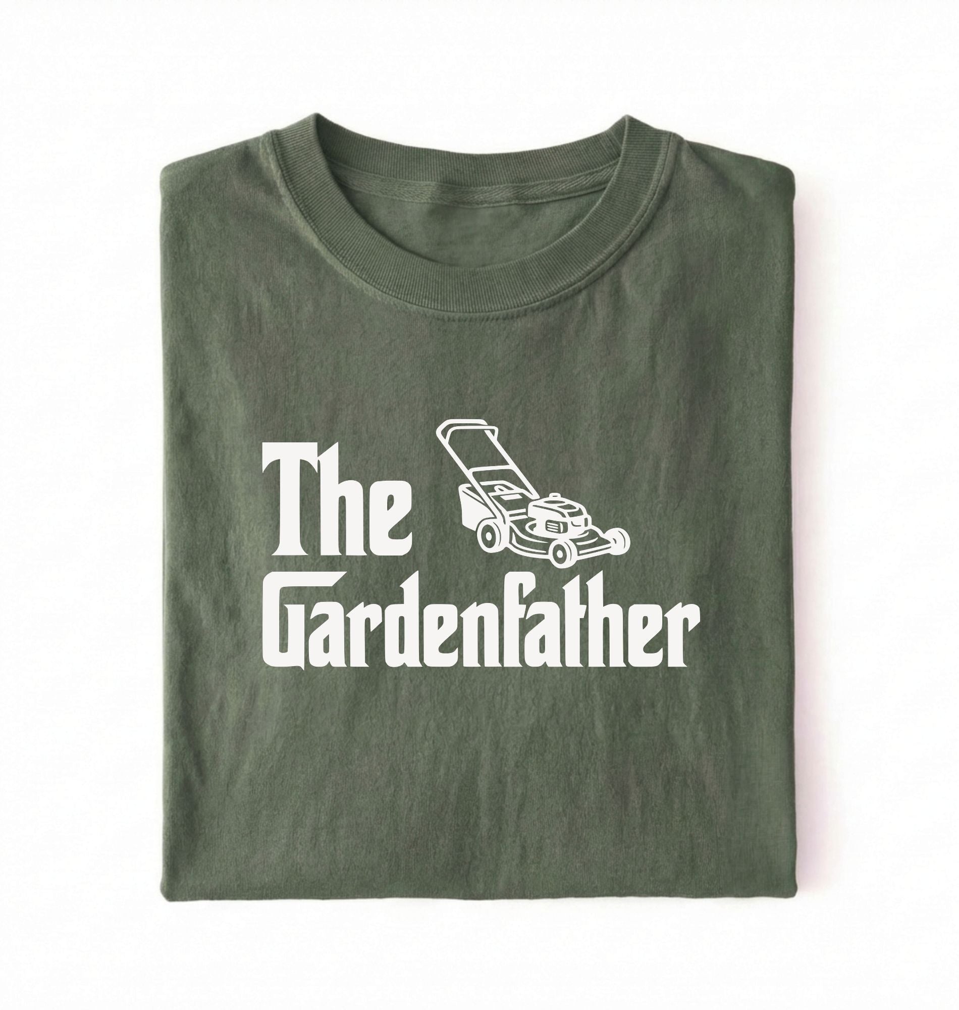 Flat lay of a the gardenfather shirt moss funny gardening dad t shirt plant lover gift on a white background 