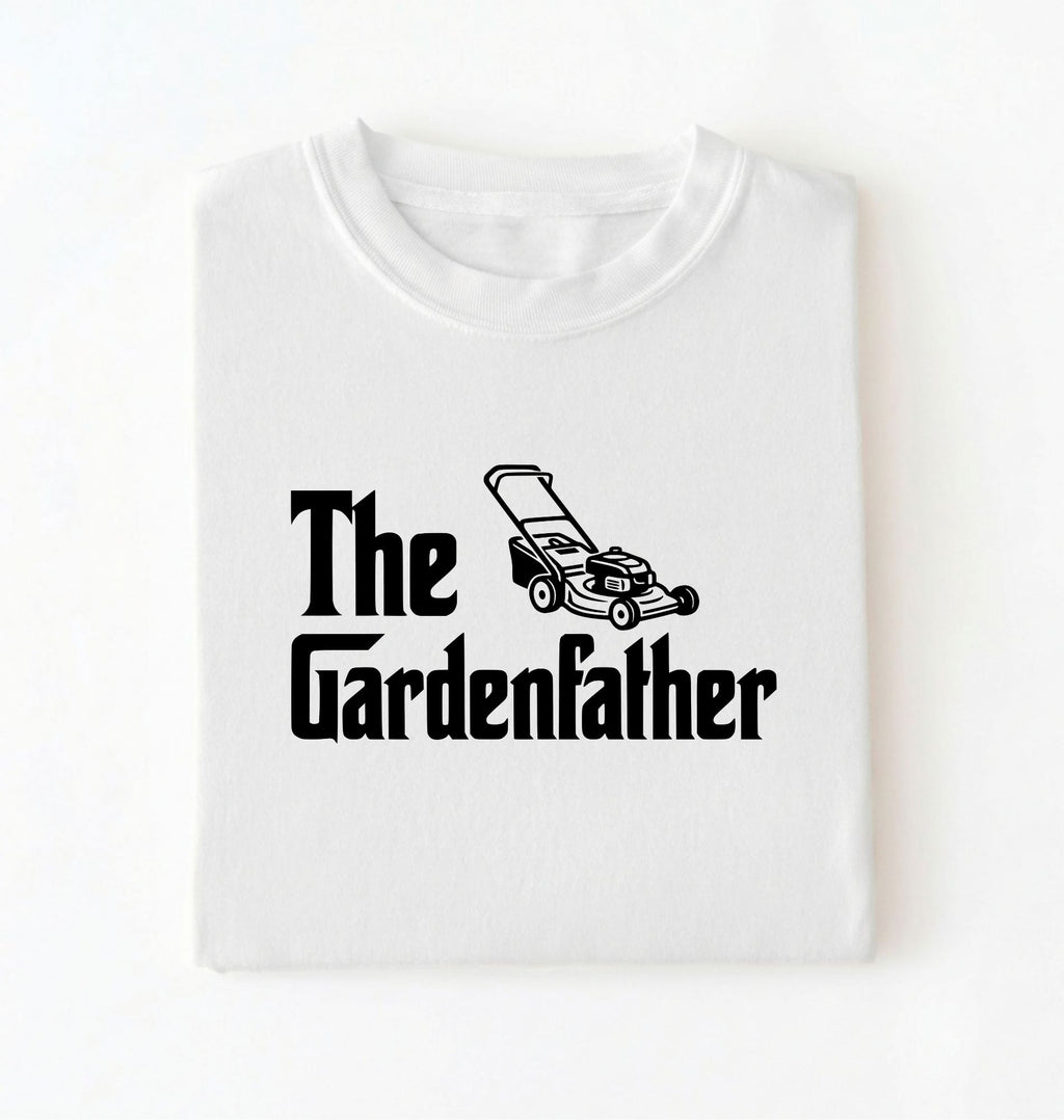 Flat lay of a the gardenfather shirt white funny gardening dad t shirt plant lover gift on a white background 