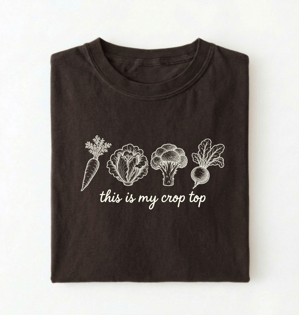 Flat lay of a dark chocolate this is my crop top shirt brown funny gardening t shirt vegetable lover cottagecore gift on a white background 