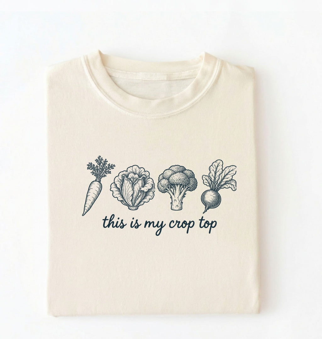 Flat lay of an ivory  this is my crop top shirt brown funny gardening t shirt vegetable lover cottagecore gift on a white background 