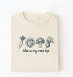 Flat lay of an ivory  this is my crop top shirt brown funny gardening t shirt vegetable lover cottagecore gift on a white background 