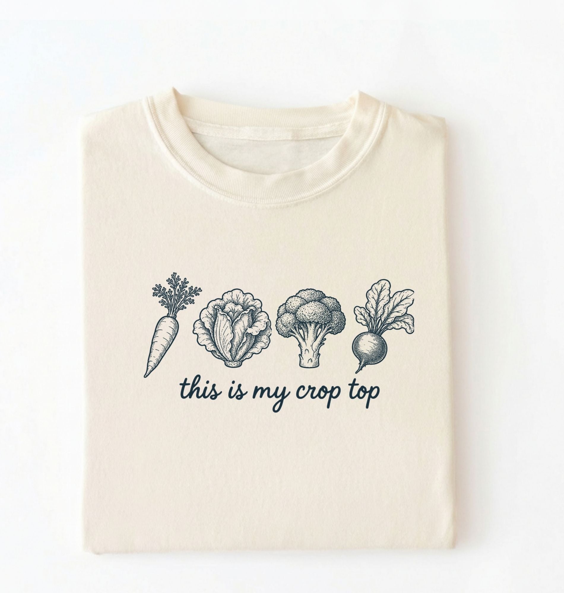 Flat lay of an ivory  this is my crop top shirt brown funny gardening t shirt vegetable lover cottagecore gift on a white background 