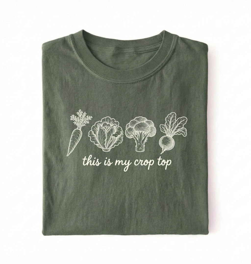 Flat lay of a green  this is my crop top shirt brown funny gardening t shirt vegetable lover cottagecore gift on a white background 