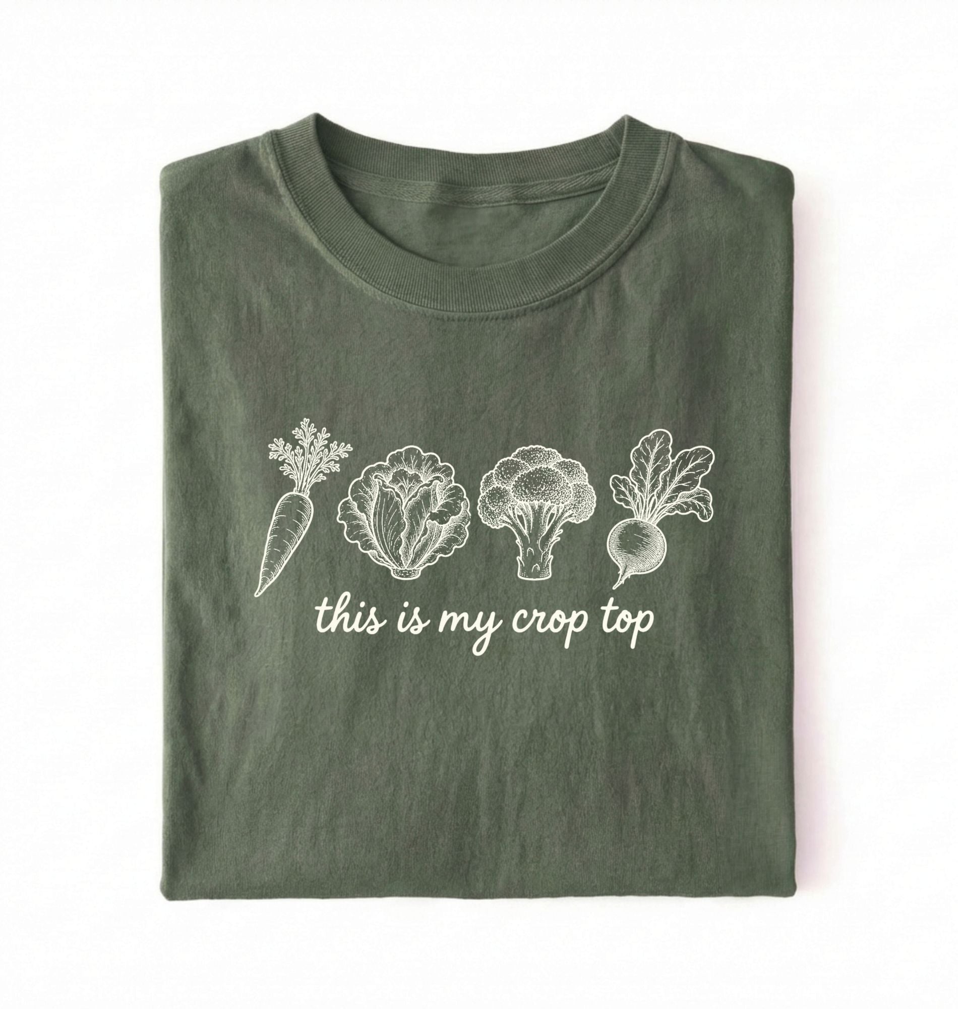 Flat lay of a green  this is my crop top shirt brown funny gardening t shirt vegetable lover cottagecore gift on a white background 