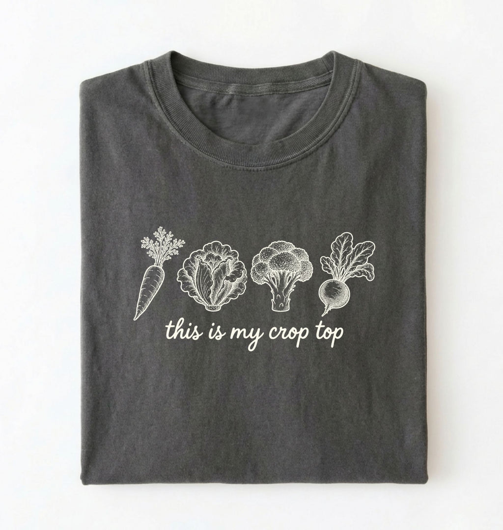 Flat lay of a pepper this is my crop top shirt brown funny gardening t shirt vegetable lover cottagecore gift on a white background 