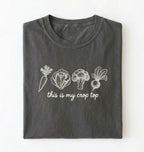 Flat lay of a pepper this is my crop top shirt brown funny gardening t shirt vegetable lover cottagecore gift on a white background 