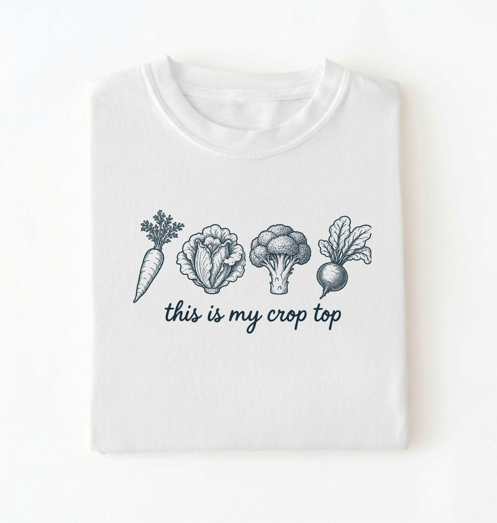 Flat lay of a white this is my crop top shirt brown funny gardening t shirt vegetable lover cottagecore gift on a white background 