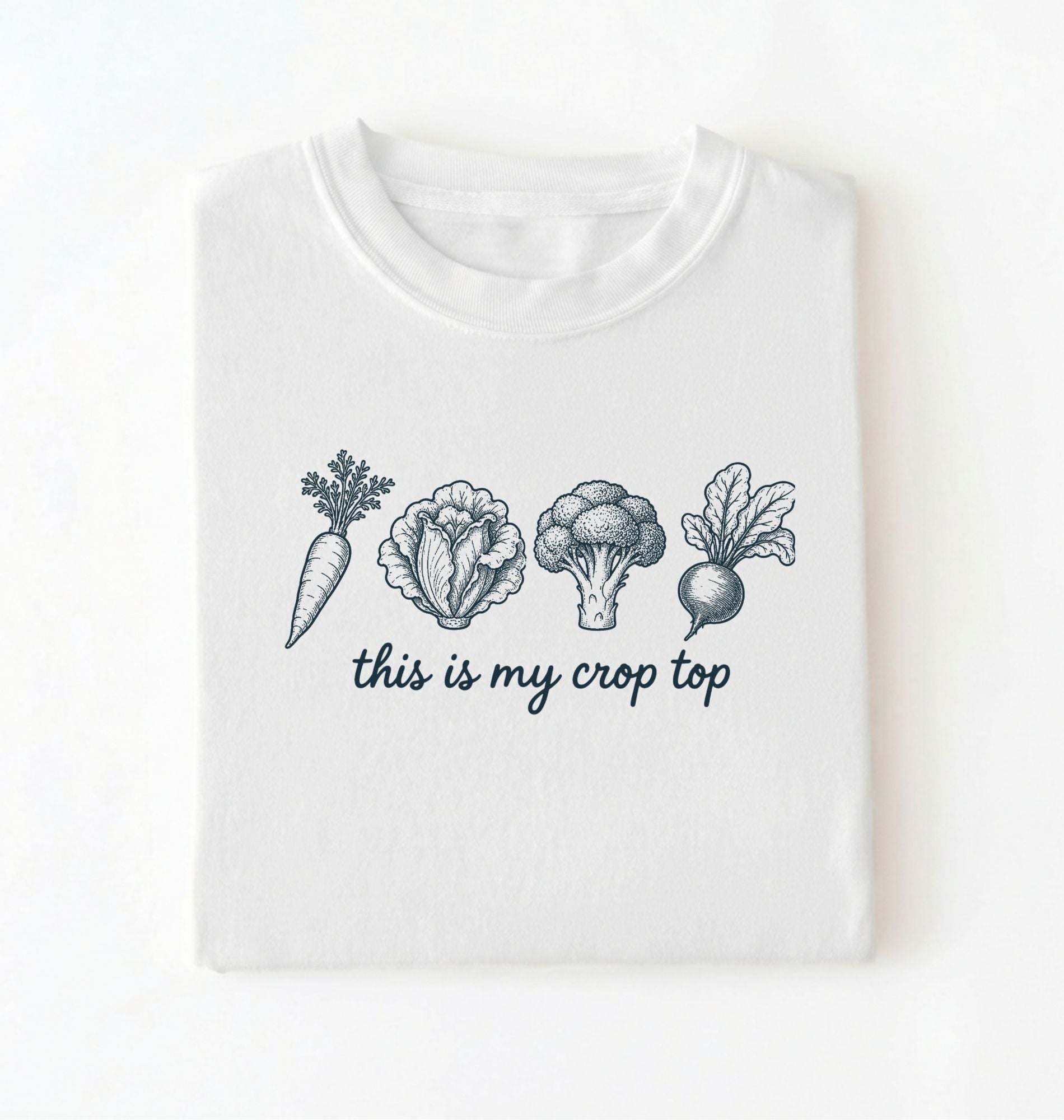 Flat lay of a white this is my crop top shirt brown funny gardening t shirt vegetable lover cottagecore gift on a white background 