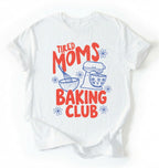 Flat lay of a white tired moms baking club shirt white funny mom baker t shirt cozy kitchen baking gift design on a white background 