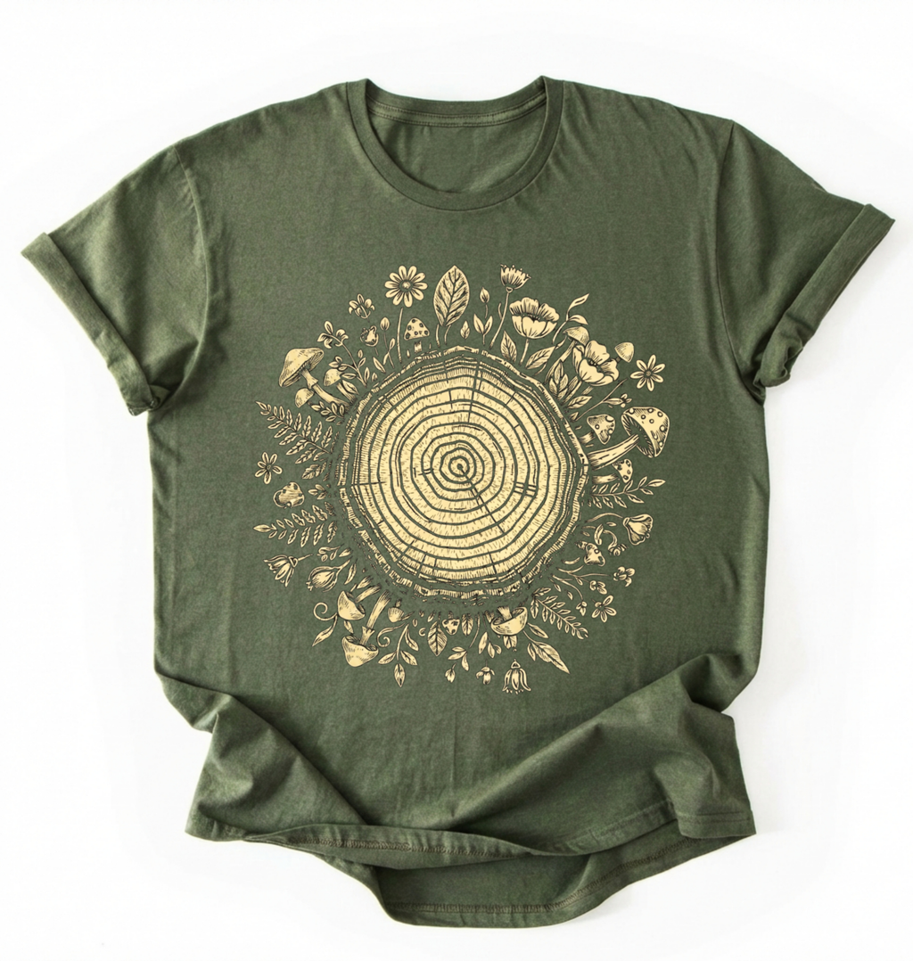 Flat lay of a green tree rings shirt with forest and botanical design brown aesthetic nature lover gift t-shirt on a white background 