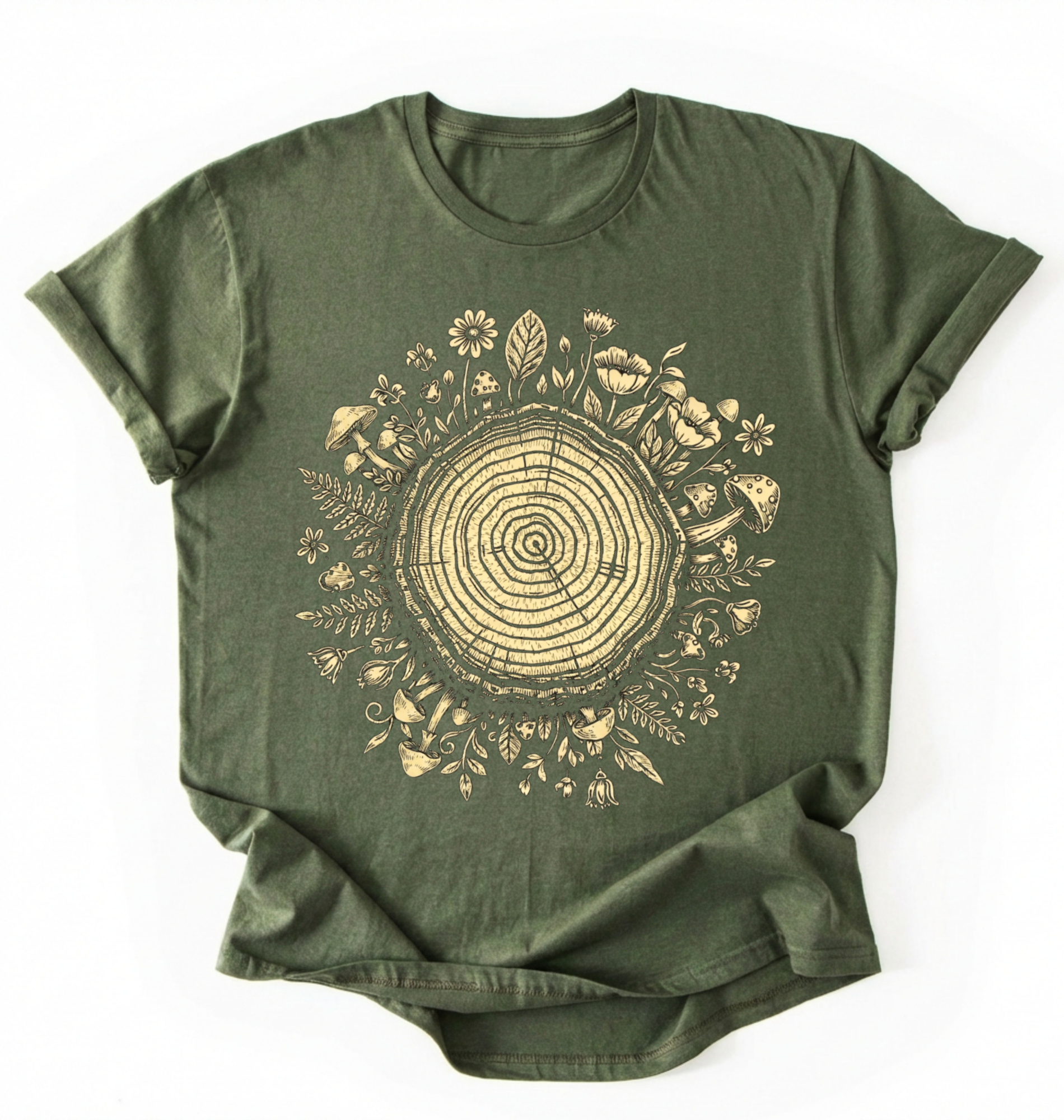 Flat lay of a green tree rings shirt with forest and botanical design brown aesthetic nature lover gift t-shirt on a white background 