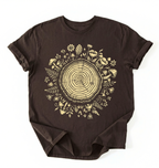 Flat lay of a dark chocolate tree rings shirt with forest and botanical design brown aesthetic nature lover gift t-shirt on a white background 