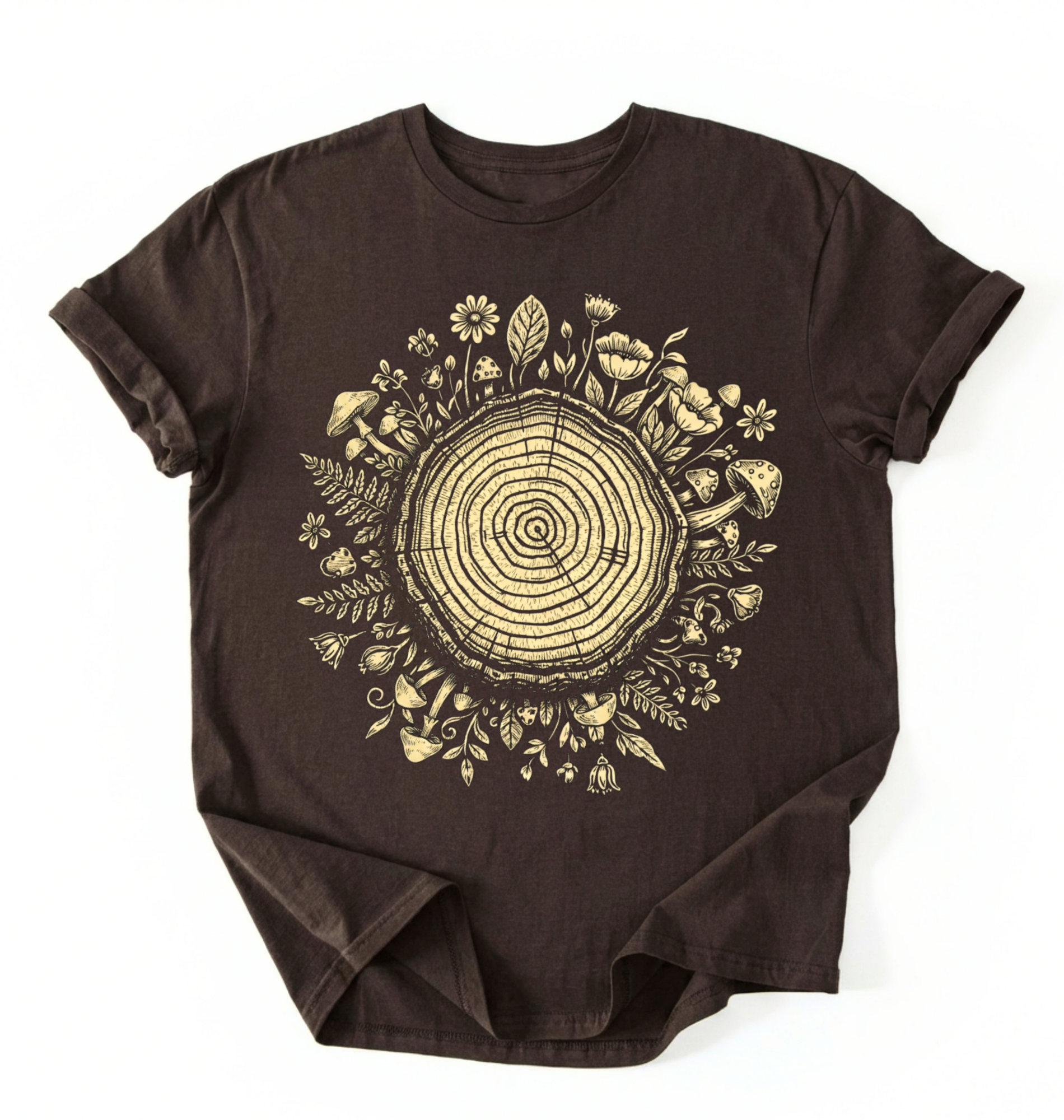 Flat lay of a dark chocolate tree rings shirt with forest and botanical design brown aesthetic nature lover gift t-shirt on a white background 