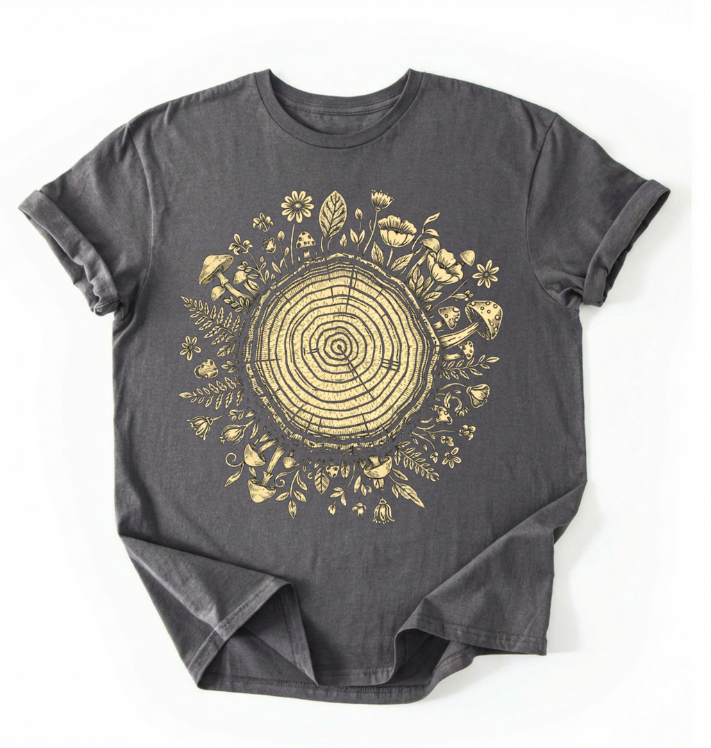 Flat lay of a dark chocolate tree rings shirt with forest and botanical design brown aesthetic nature lover gift t-shirt on a white background 