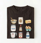 Dark Chocolate baking shirt featuring colorful vintage illustrations of flour, butter, sugar, vanilla, eggs, baking powder, salt, a bowl and measuring cup