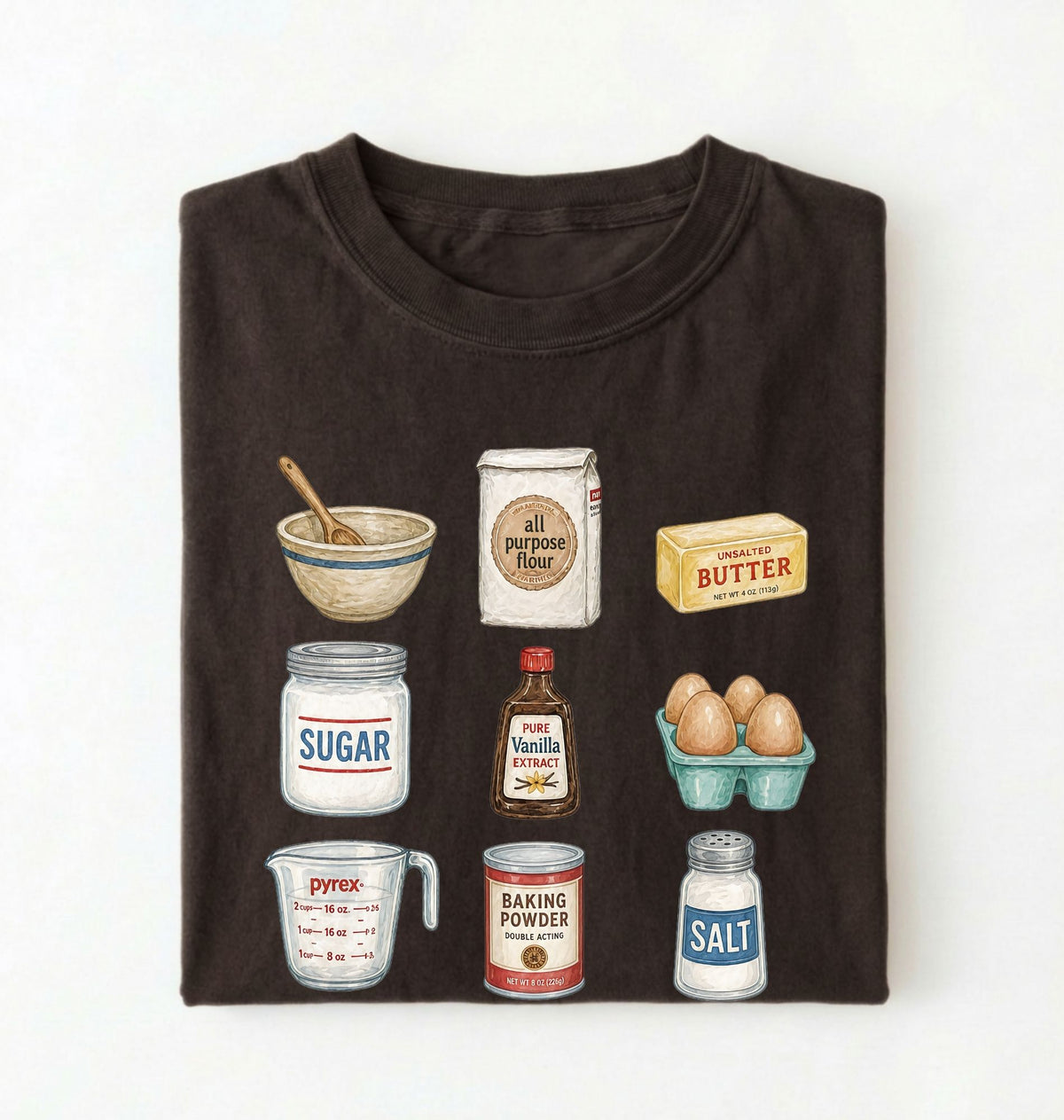 Dark Chocolate baking shirt featuring colorful vintage illustrations of flour, butter, sugar, vanilla, eggs, baking powder, salt, a bowl and measuring cup