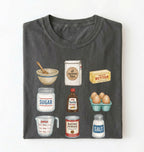 pepper baking shirt featuring colorful vintage illustrations of flour, butter, sugar, vanilla, eggs, baking powder, salt, a bowl and measuring cup