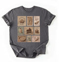 Flat lay of a charcoal vintage baking stamps shirt white sourdough bread t shirt baker gift cozy kitchen aesthetic design on a white background 
