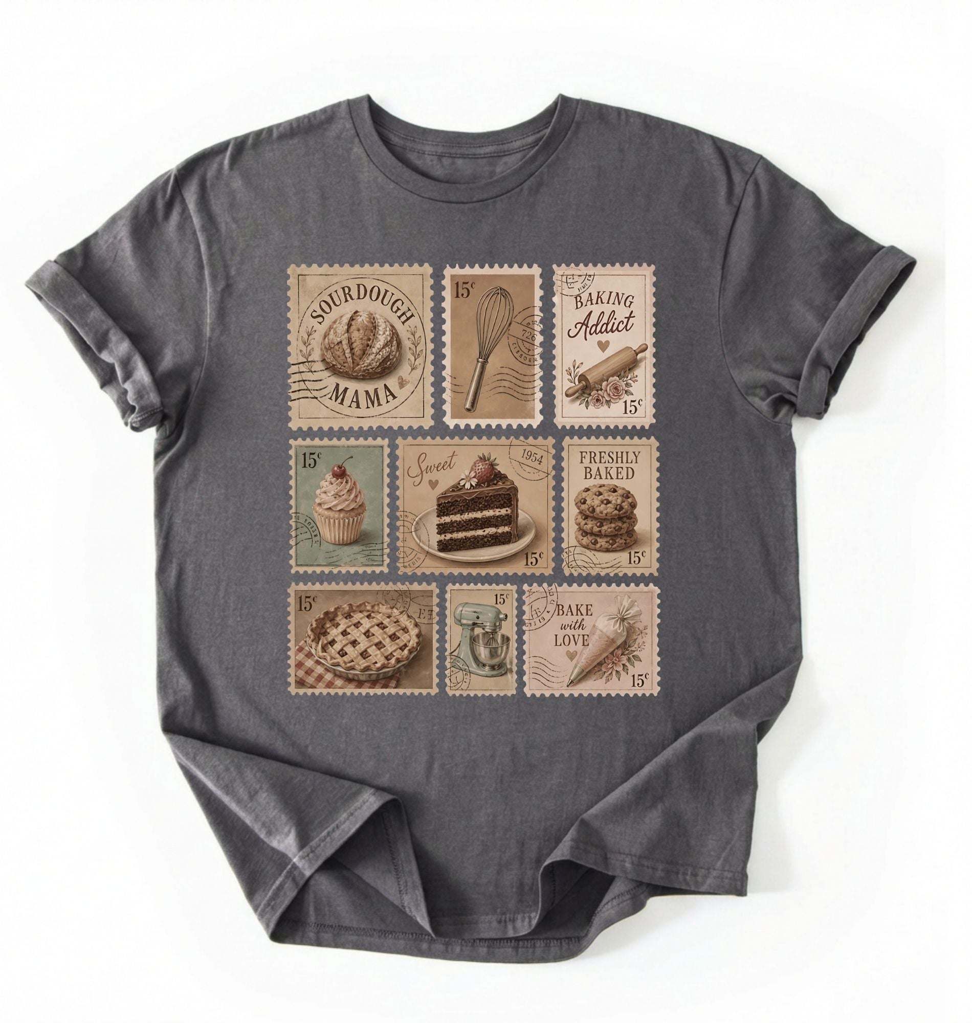 Flat lay of a charcoal vintage baking stamps shirt white sourdough bread t shirt baker gift cozy kitchen aesthetic design on a white background 