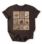 Flat lay of a dark chocolate vintage baking stamps shirt white sourdough bread t shirt baker gift cozy kitchen aesthetic design on a white background 