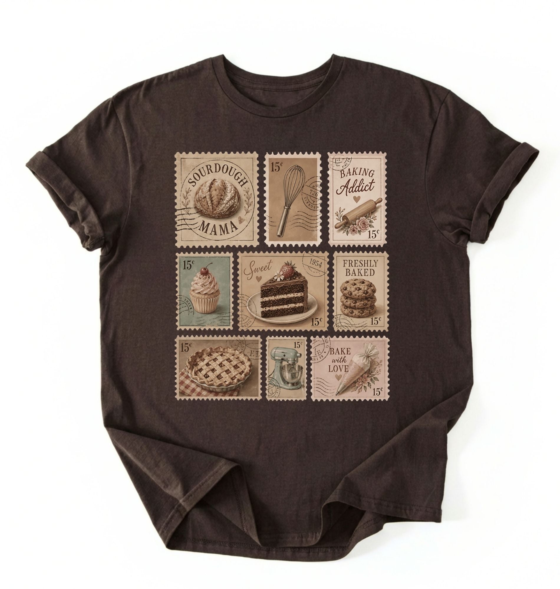 Flat lay of a dark chocolate vintage baking stamps shirt white sourdough bread t shirt baker gift cozy kitchen aesthetic design on a white background 