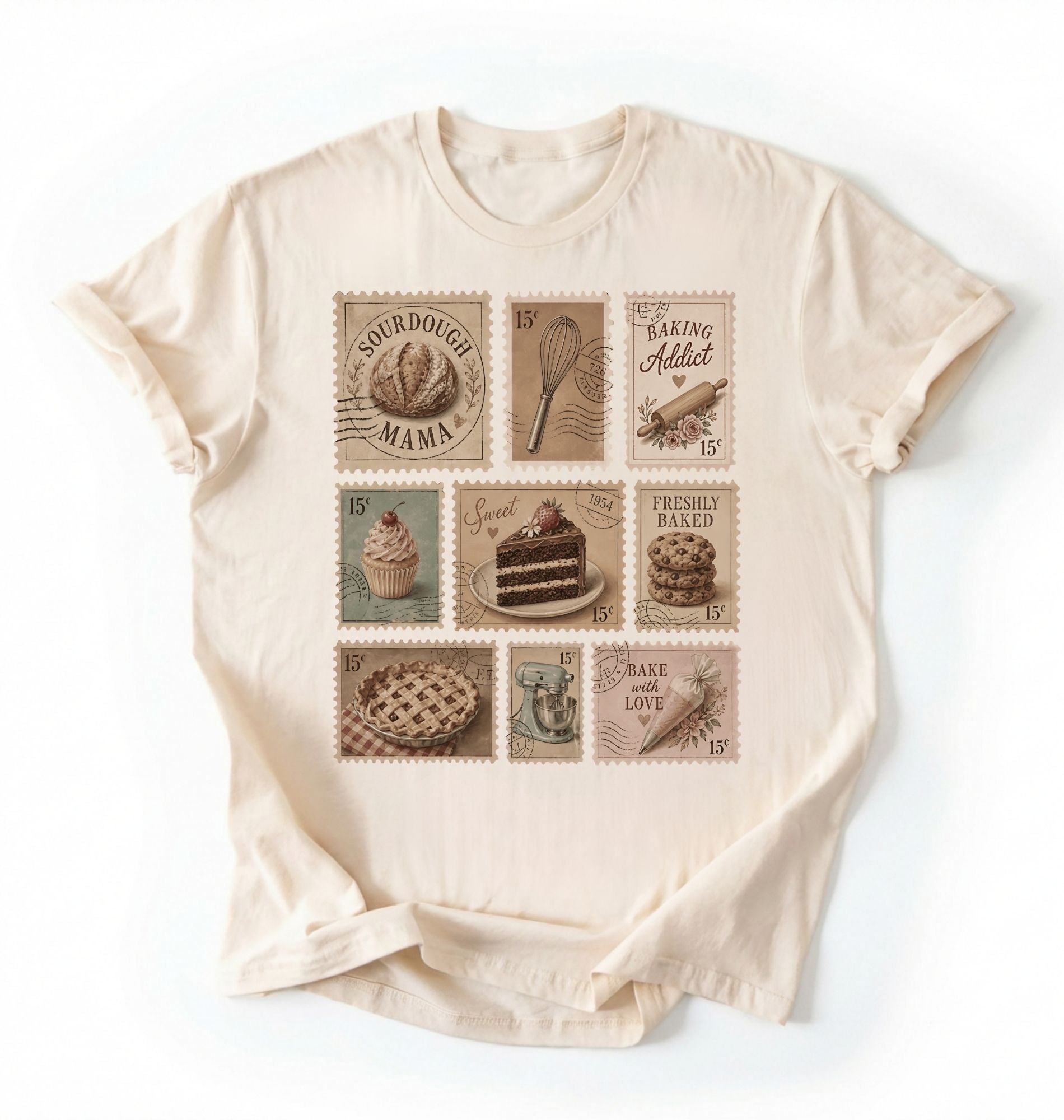 Flat lay of a natural vintage baking stamps shirt white sourdough bread t shirt baker gift cozy kitchen aesthetic design on a white background 