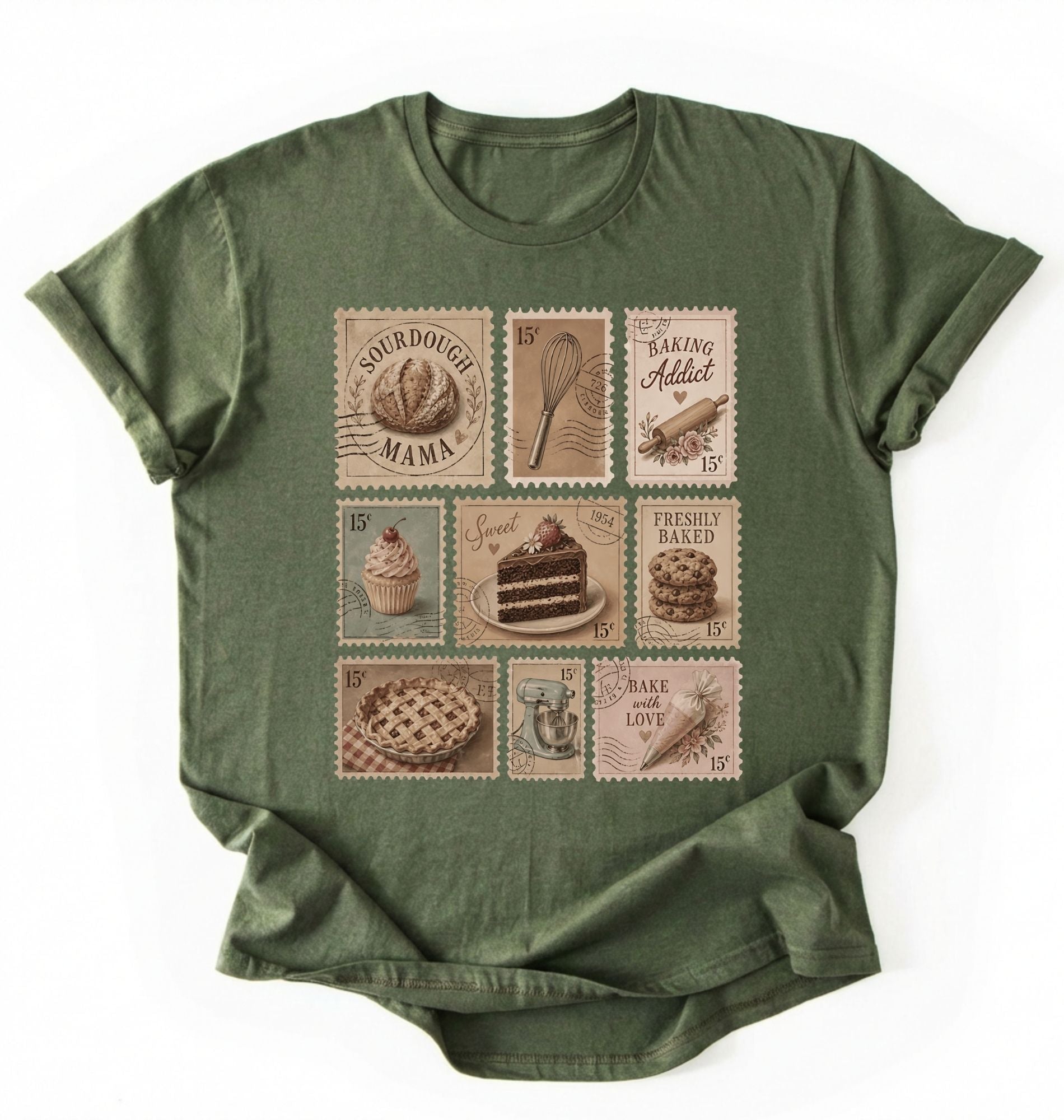 Flat lay of a Moss_MilitaryGreen vintage baking stamps shirt white sourdough bread t shirt baker gift cozy kitchen aesthetic design on a white background 