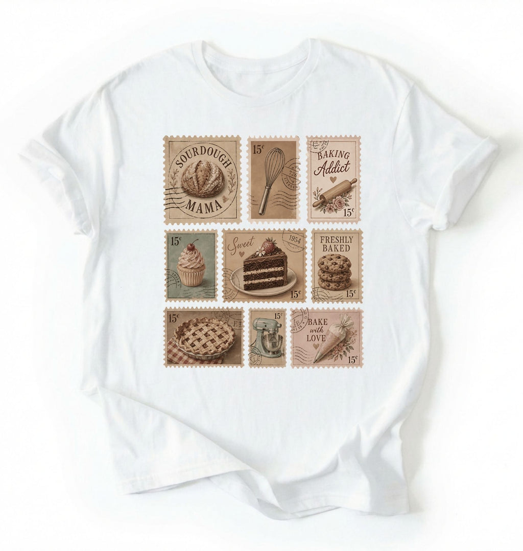 Flat lay of a white vintage baking stamps shirt white sourdough bread t shirt baker gift cozy kitchen aesthetic design on a white background 