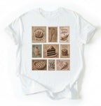 Flat lay of a white vintage baking stamps shirt white sourdough bread t shirt baker gift cozy kitchen aesthetic design on a white background 