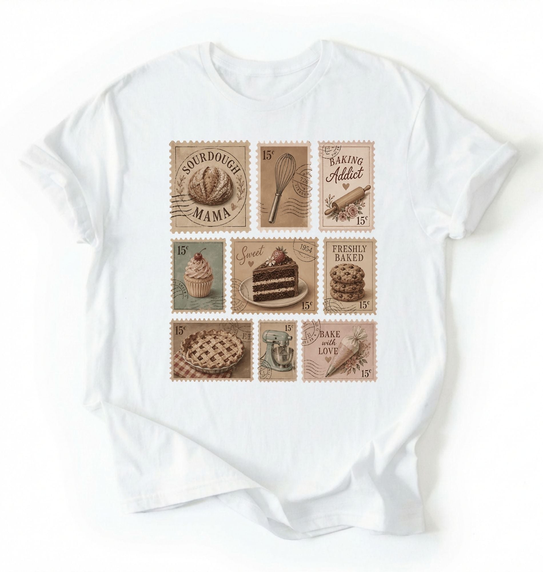 Flat lay of a white vintage baking stamps shirt white sourdough bread t shirt baker gift cozy kitchen aesthetic design on a white background 