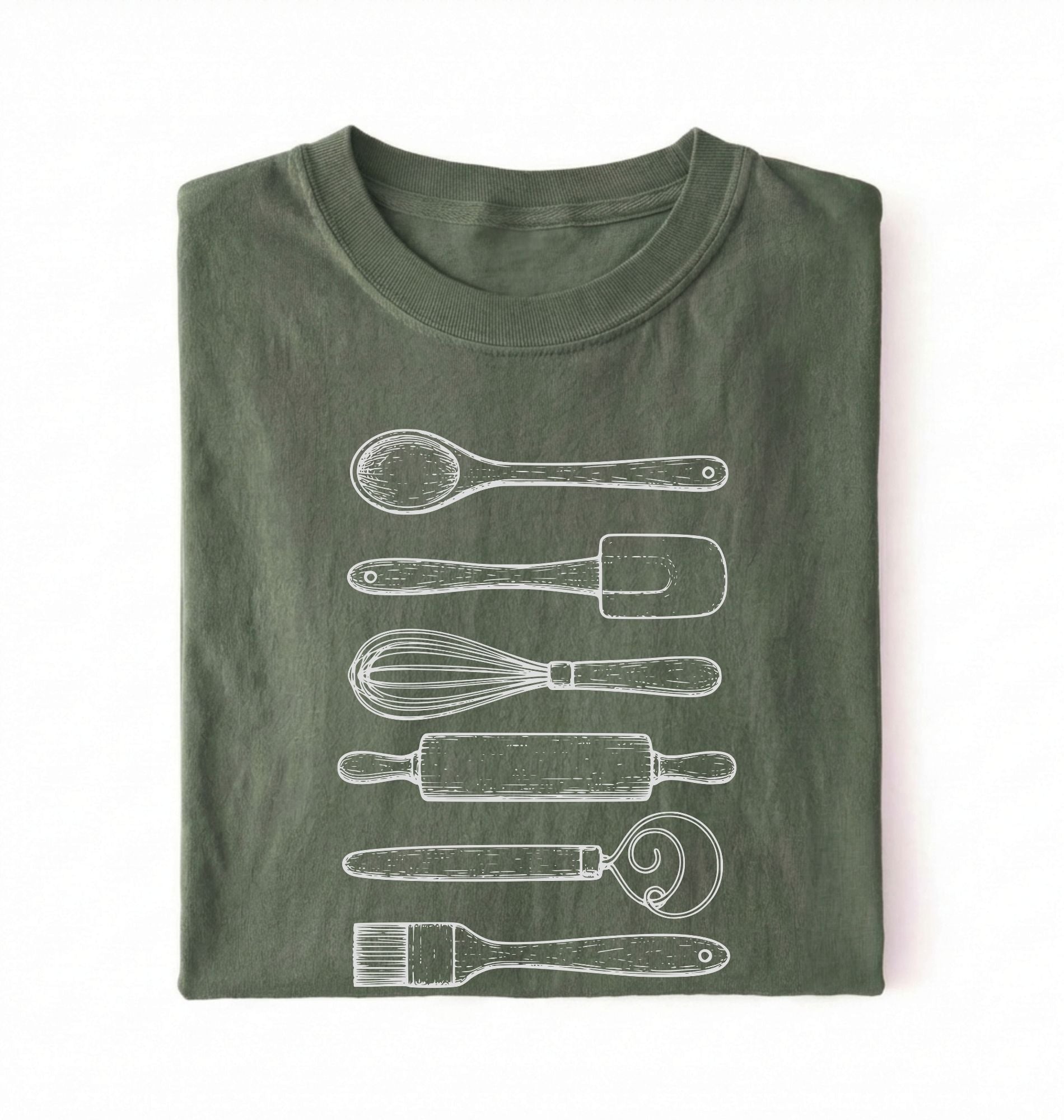Flat ay of a Vintage baking tools shirt with whisk rolling pin and spatula illustrations on green tee on a white background 