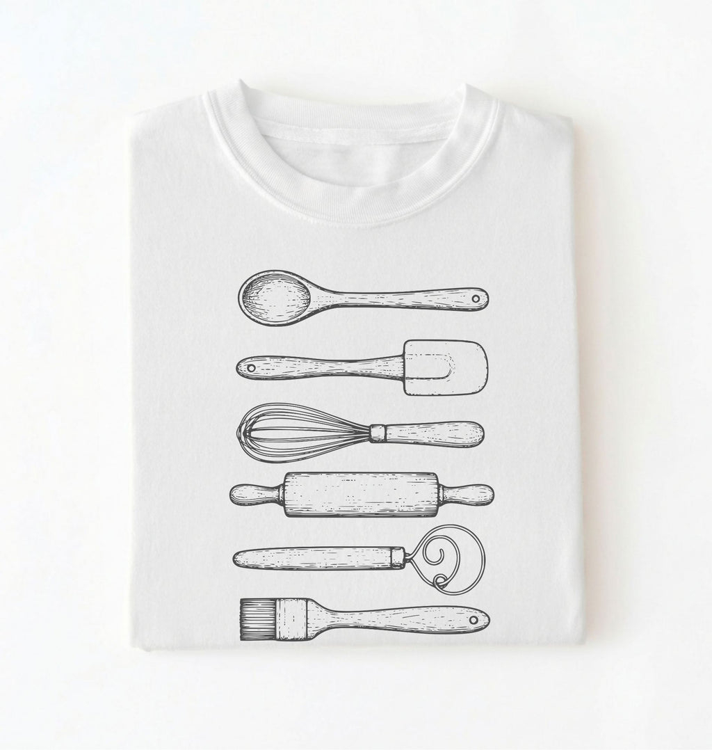 Flat ay of a Vintage baking tools shirt with whisk rolling pin and spatula illustrations on white tee on a white background 