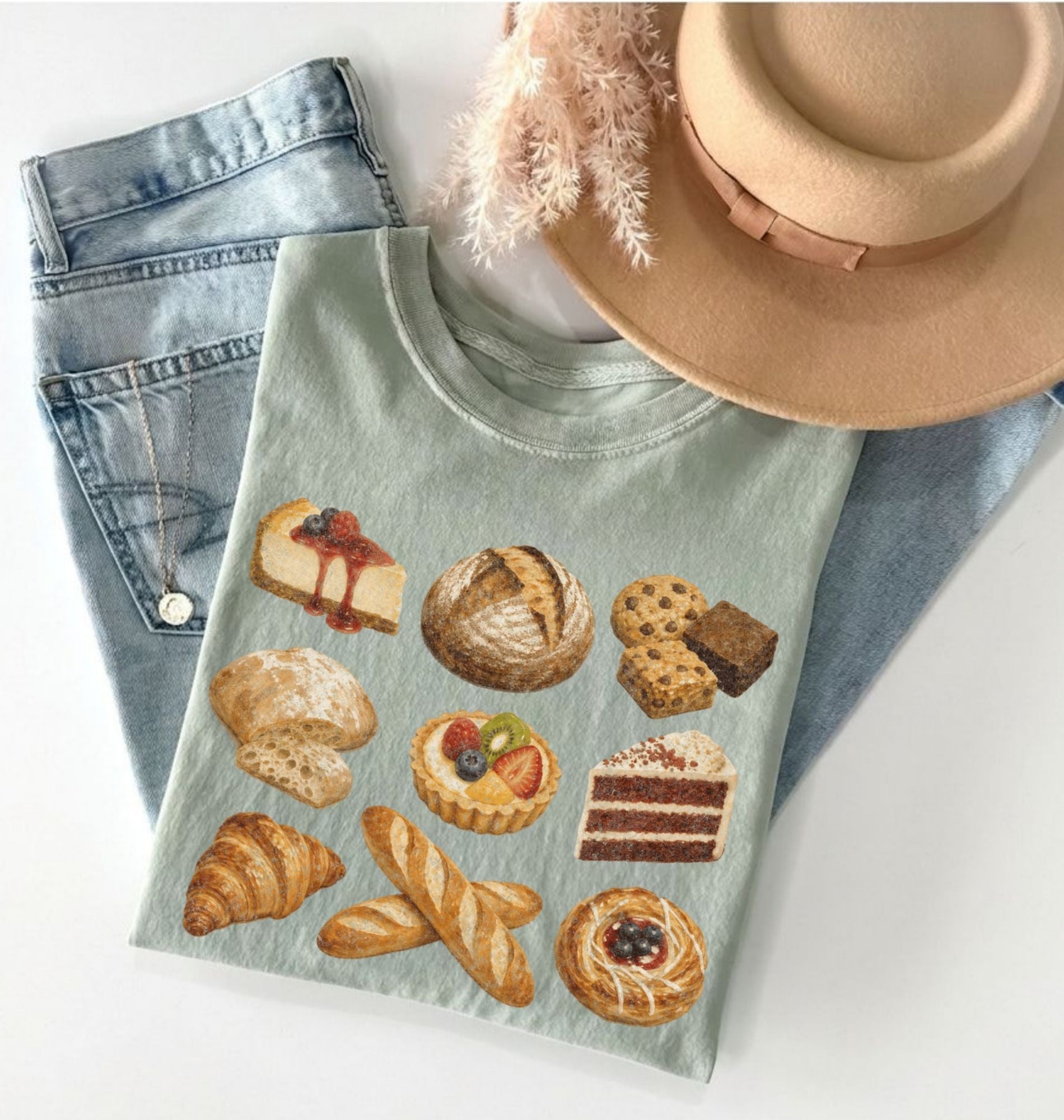 A sage green graphic t-shirt featuring illustrations of various pastries, cakes, and breads, styled in a flat lay with light-wash jeans, a beige wide-brim hat, and dried pampas grass on a white background.