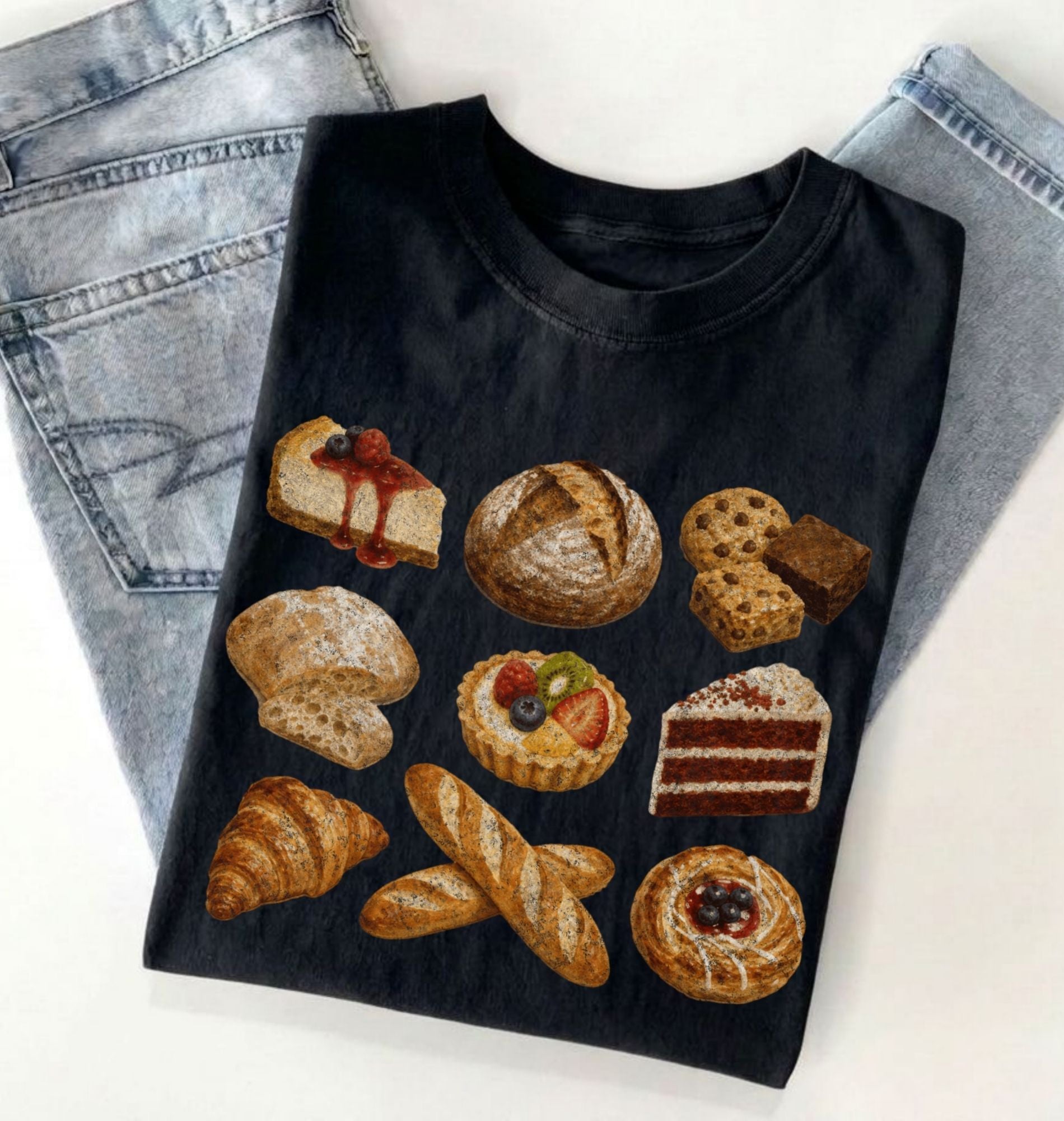 A black short-sleeve T-shirt laid flat on a white surface, styled with folded light-wash denim jeans behind it. The shirt features a large printed graphic of assorted baked goods, including pastries, breads, cookies, and cakes, in warm brown, beige, and red tones.