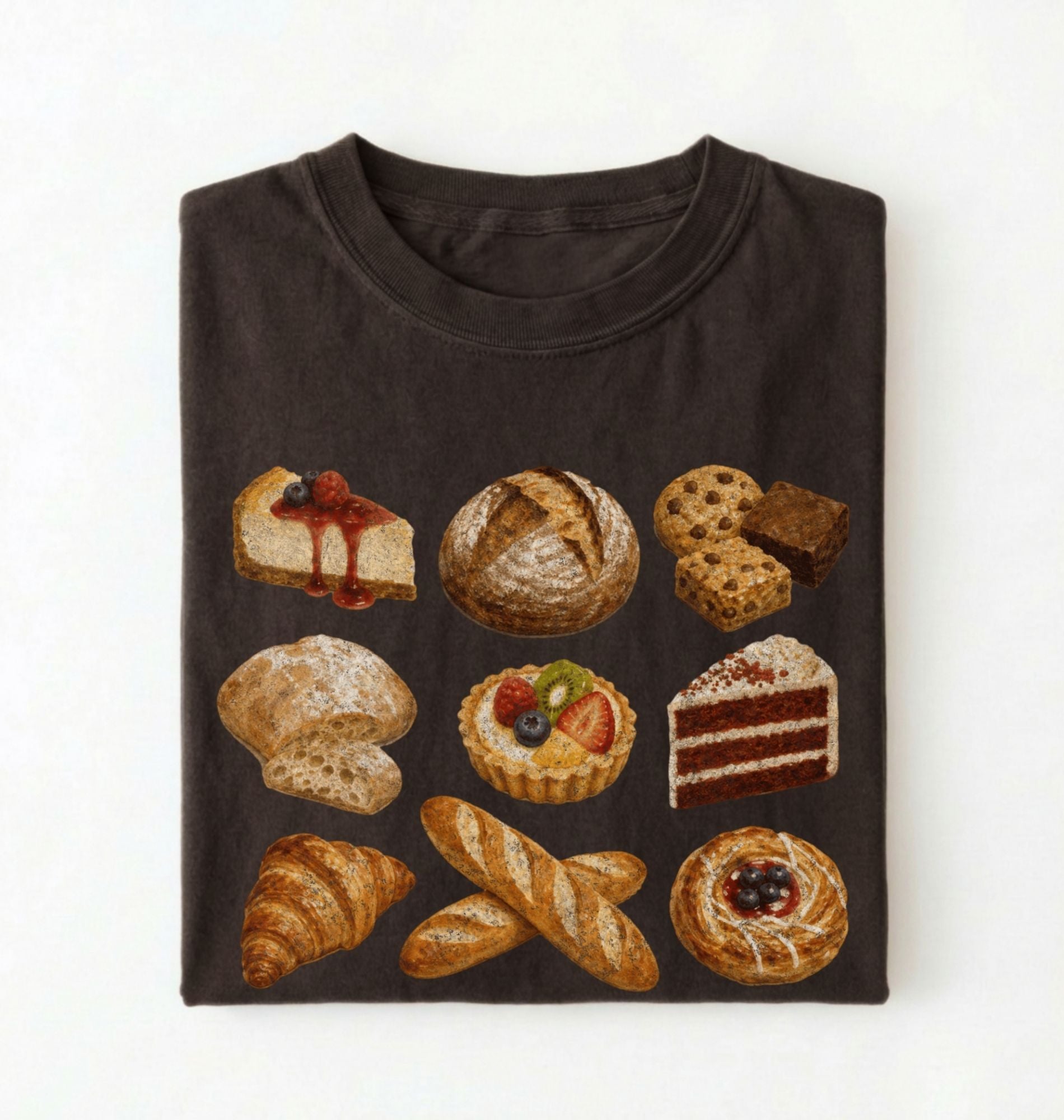 A dark brown folded t-shirt featuring a graphic print of various baked goods, including a cheesecake, croissants, a tart, and a chocolate cake, displayed against a clean white background.