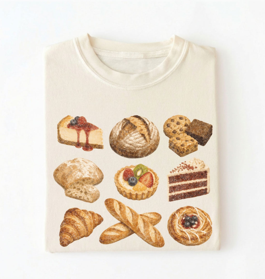 A cream-colored crewneck t-shirt featuring a watercolor-style graphic print of various baked goods, including a cheesecake, bread, cookies, a tart, a slice of cake, and pastries, displayed on a clean white background.