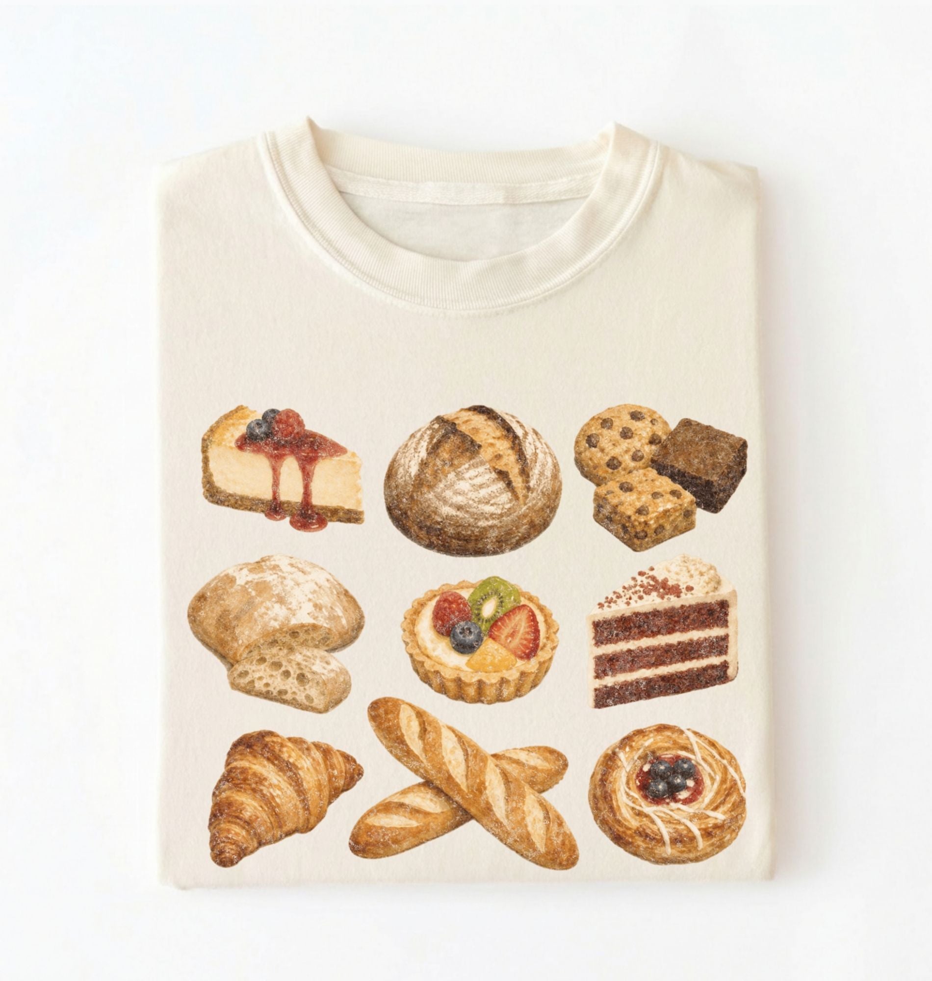 A cream-colored crewneck t-shirt featuring a watercolor-style graphic print of various baked goods, including a cheesecake, bread, cookies, a tart, a slice of cake, and pastries, displayed on a clean white background.