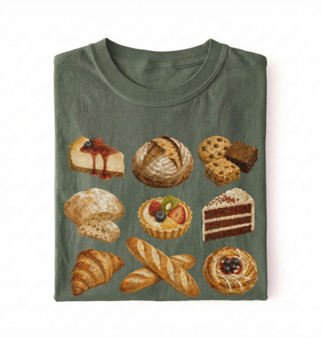 A folded dark olive green t-shirt featuring a graphic print of various illustrated pastries, cakes, and breads, displayed against a plain white background.