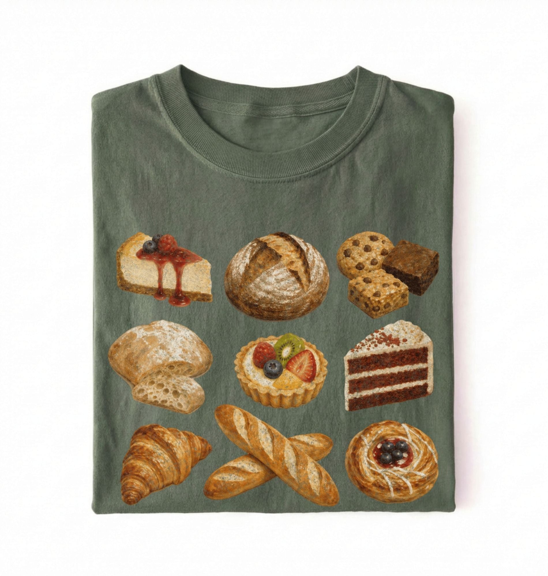 A folded dark olive green t-shirt featuring a graphic print of various illustrated pastries, cakes, and breads, displayed against a plain white background.