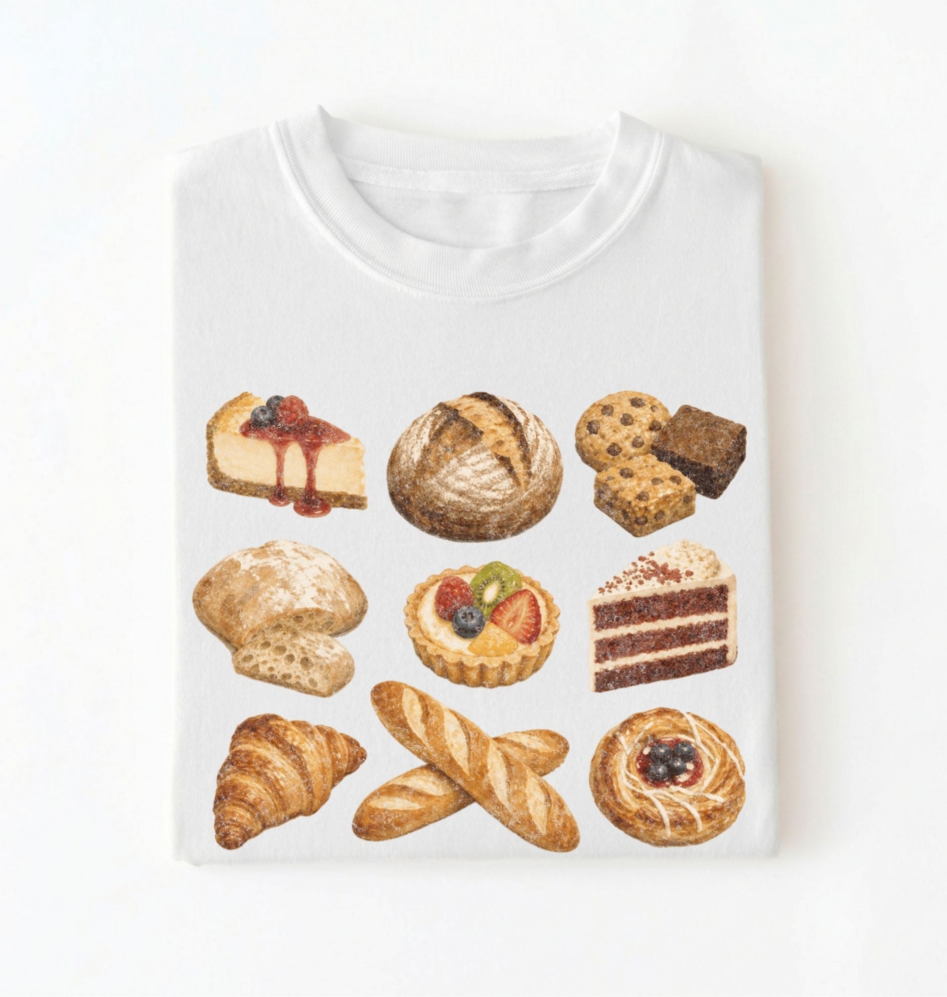 A white crewneck t-shirt featuring a graphic print of various illustrated pastries, breads, cakes, and cookies arranged in a grid, shown against a plain white background.