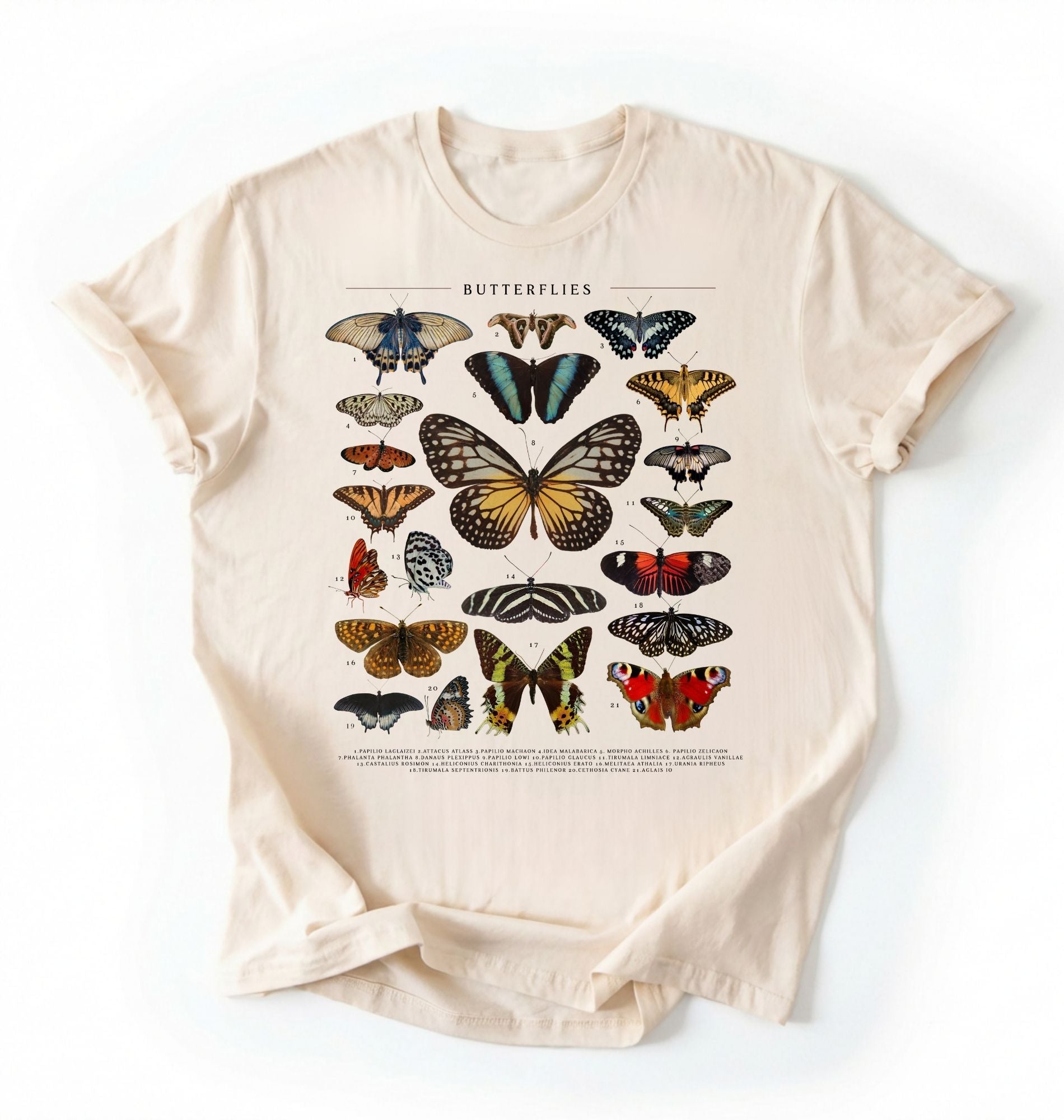 Flat lay of a Natural Vintage butterfly chart t-shirt featuring colorful butterfly species illustration, nature lover gardener gift on a white background 