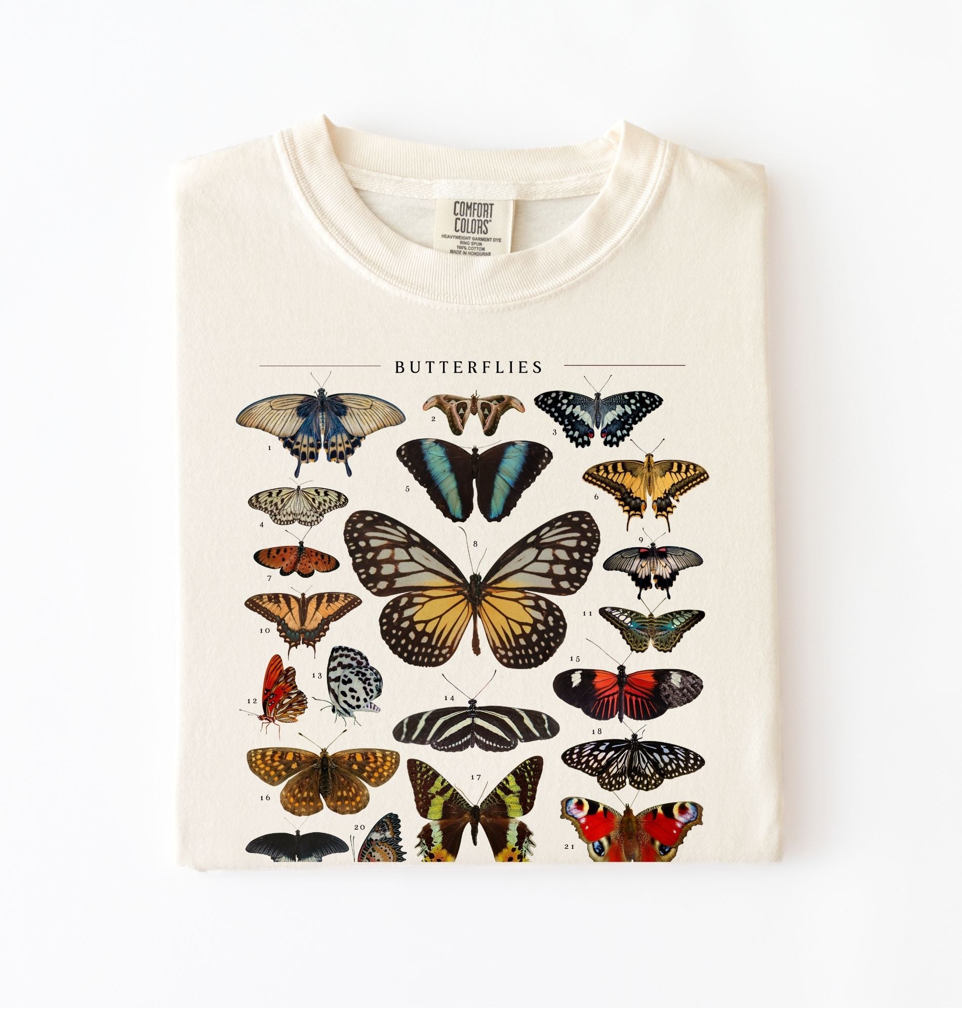 Vintage butterfly chart t-shirt featuring colorful butterfly species illustration, nature lover gardener gift