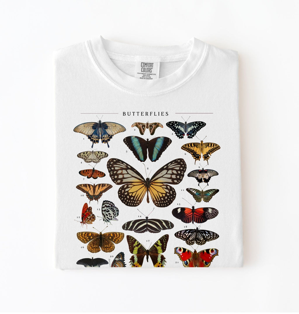Vintage butterfly chart t-shirt featuring colorful butterfly species illustration, nature lover gardener gift