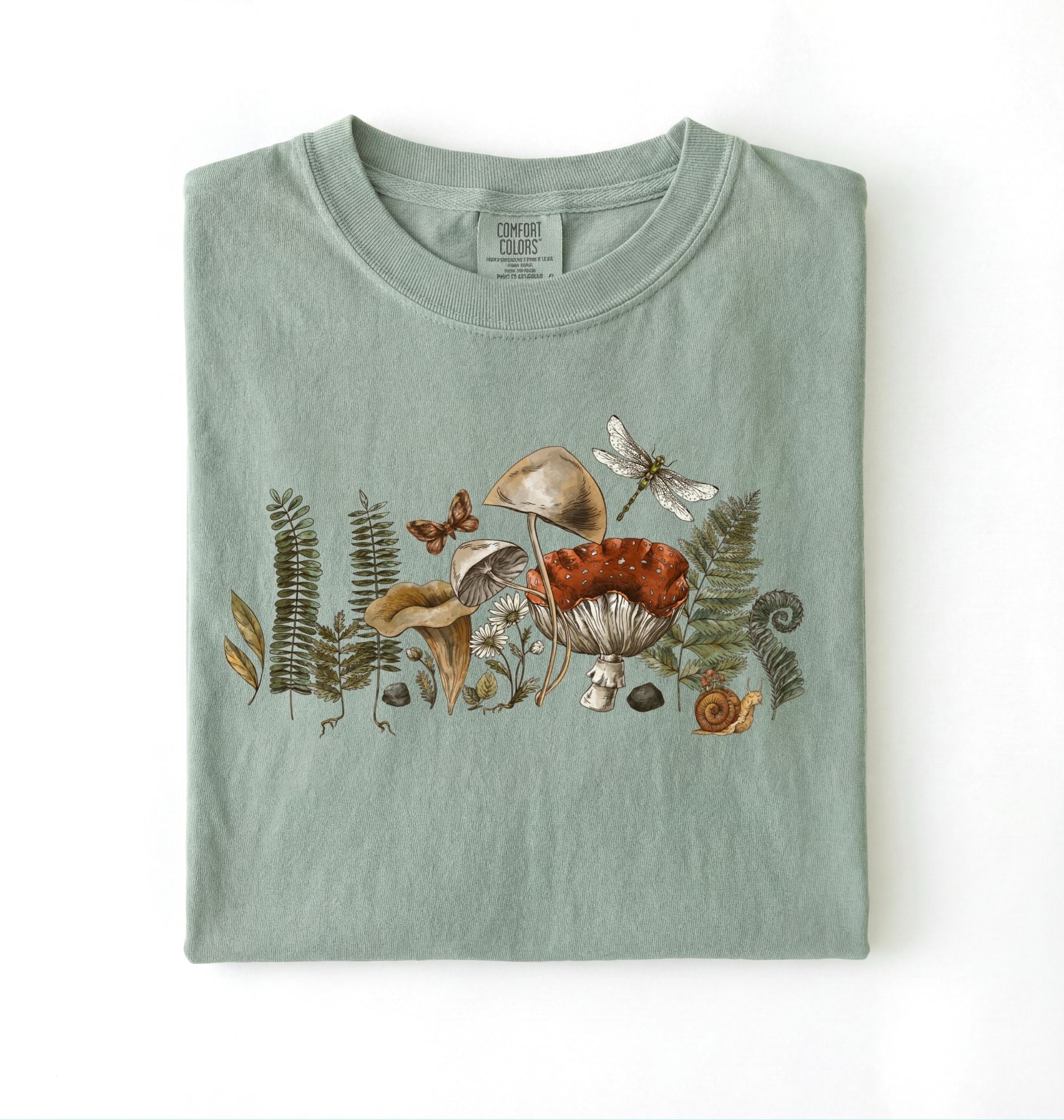 vintage mushroom illustration t-shirt with botanical fungi artwork, cottagecore nature shirt for gardeners