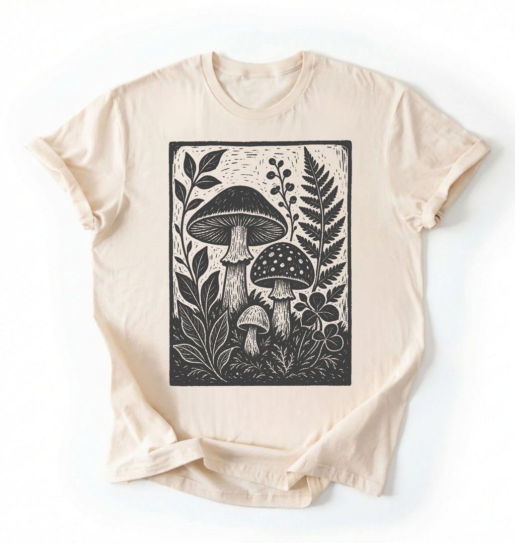 Flat lay of an ivory vintage mushroom shirt green botanical fungi t shirt nature lover gift forest aesthetic design on a white background 