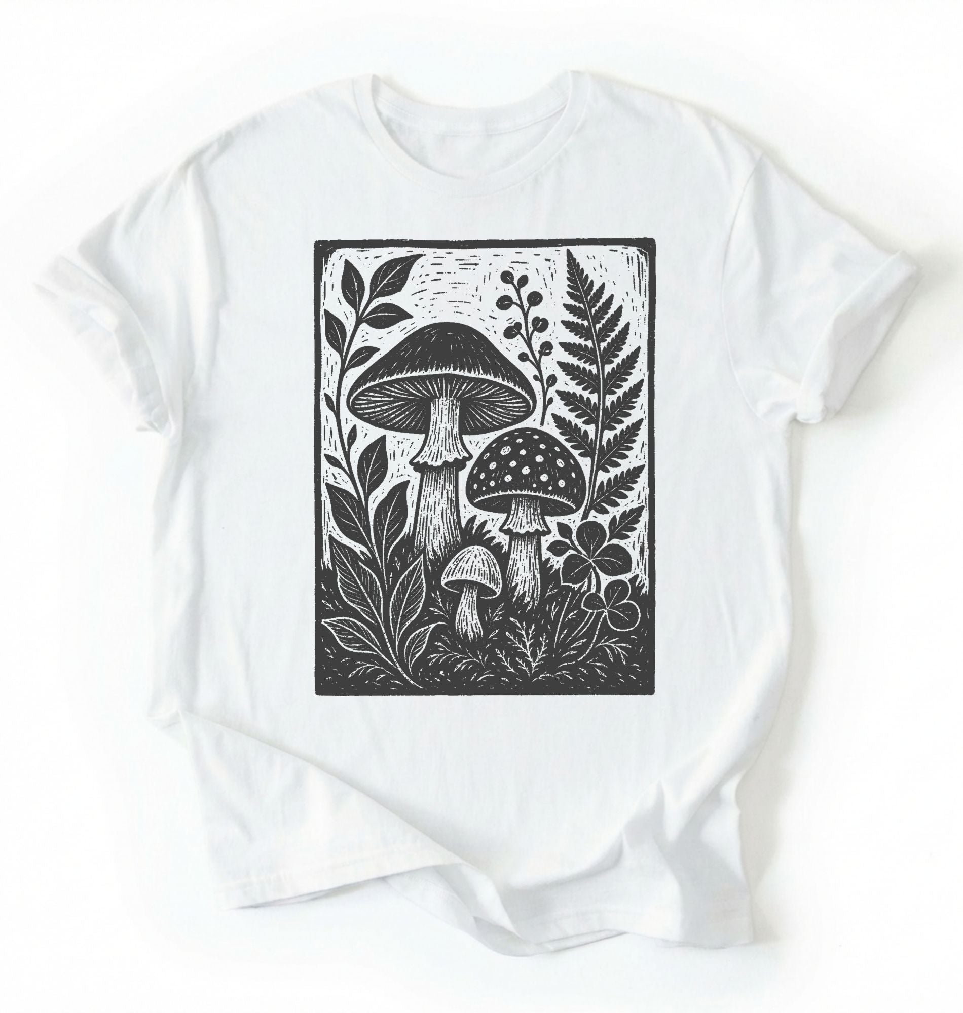 Flat lay of a white vintage mushroom shirt green botanical fungi t shirt nature lover gift forest aesthetic design on a white background 