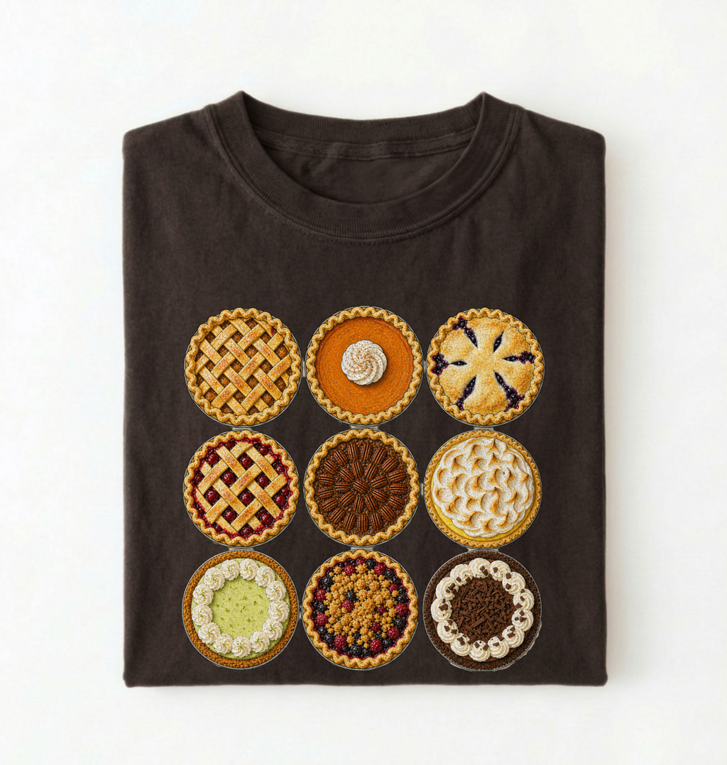 A folded dark brown t-shirt featuring a graphic print of nine different pie designs in a 3x3 grid, displayed against a clean white background.